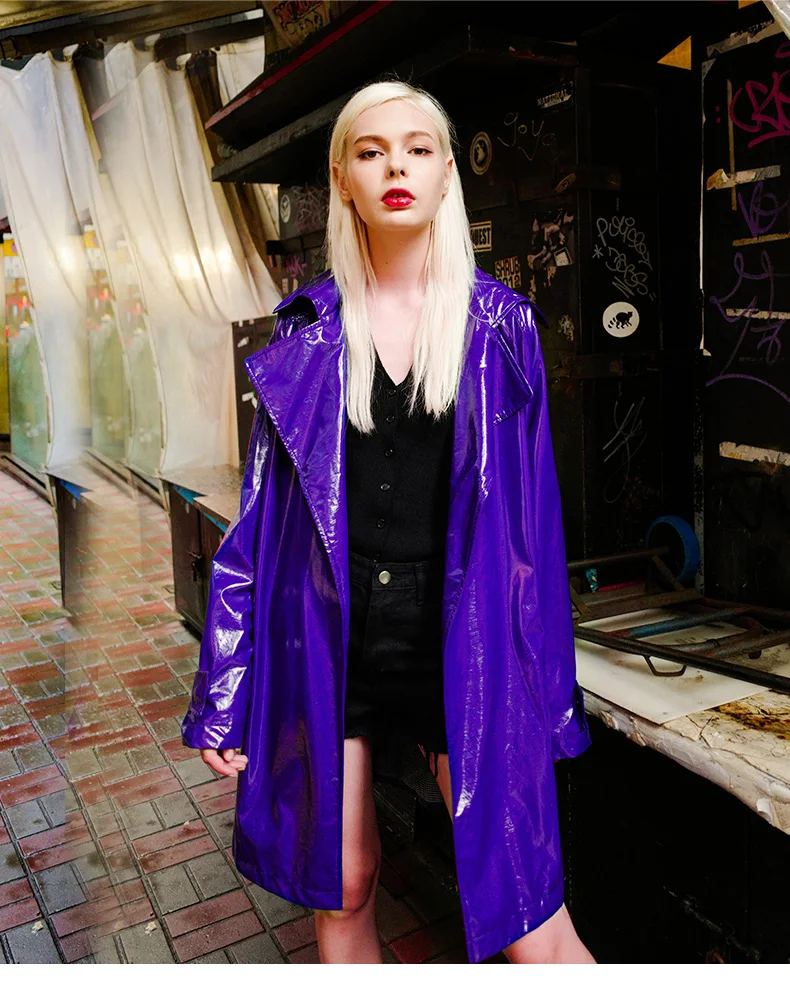 Nerazzurri Spring Autumn Purple Shiny Womens Patent Leather trench coat belt raglan sleeve Oversized soft runway long Overcoat