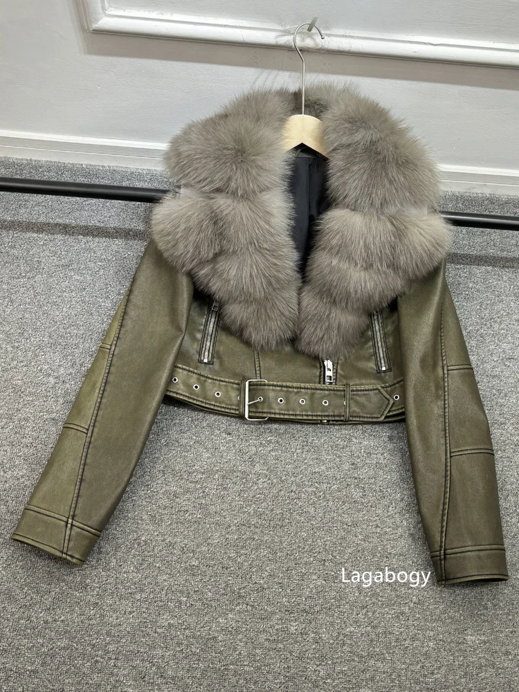 Lagabogy 2024 Big Real Fox Fur Women Vintage Pu Faux Leather Short Jacket With Belt Streetwear Female Zipper Retro Coat Outwear