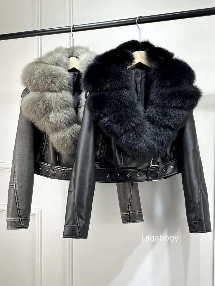 Lagabogy 2024 Big Real Fox Fur Women Vintage Pu Faux Leather Short Jacket With Belt Streetwear Female Zipper Retro Coat Outwear