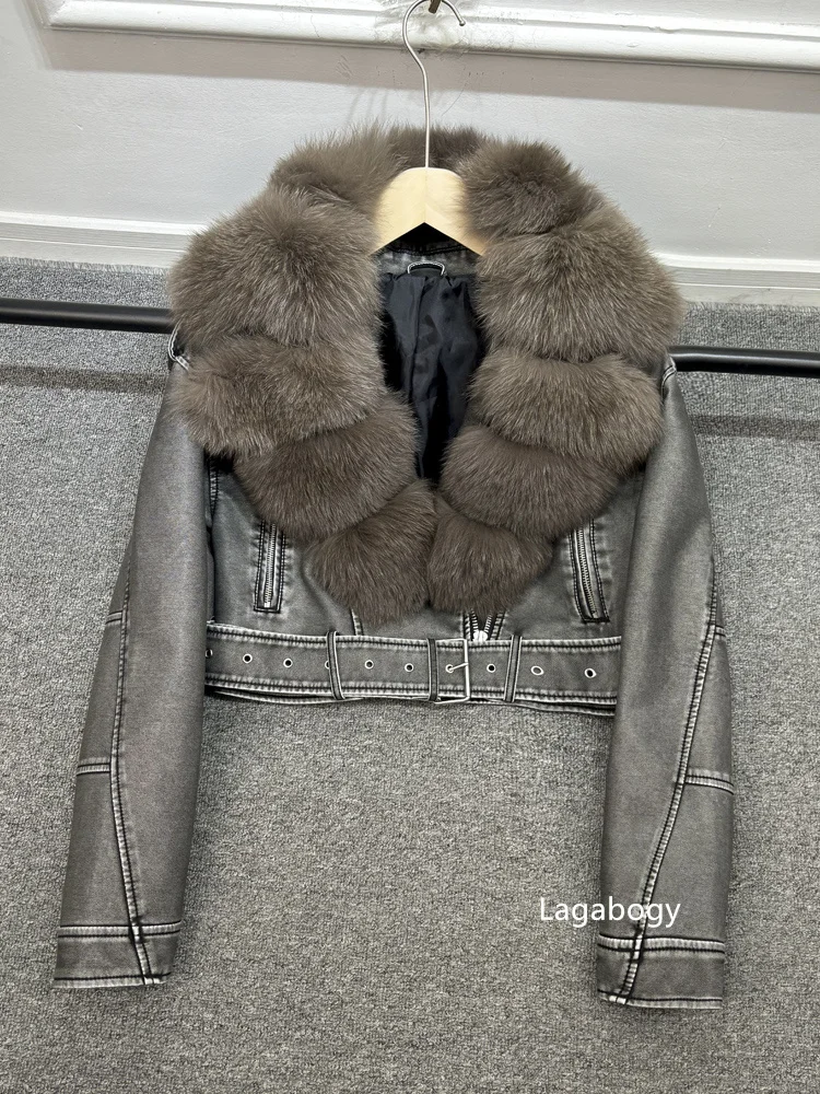 Lagabogy 2024 Big Real Fox Fur Women Vintage Pu Faux Leather Short Jacket With Belt Streetwear Female Zipper Retro Coat Outwear