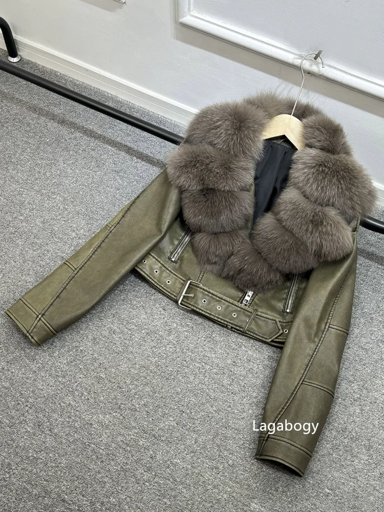 Lagabogy 2024 Big Real Fox Fur Women Vintage Pu Faux Leather Short Jacket With Belt Streetwear Female Zipper Retro Coat Outwear