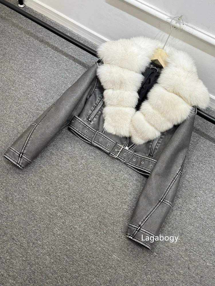 Lagabogy 2024 Big Real Fox Fur Women Vintage Pu Faux Leather Short Jacket With Belt Streetwear Female Zipper Retro Coat Outwear
