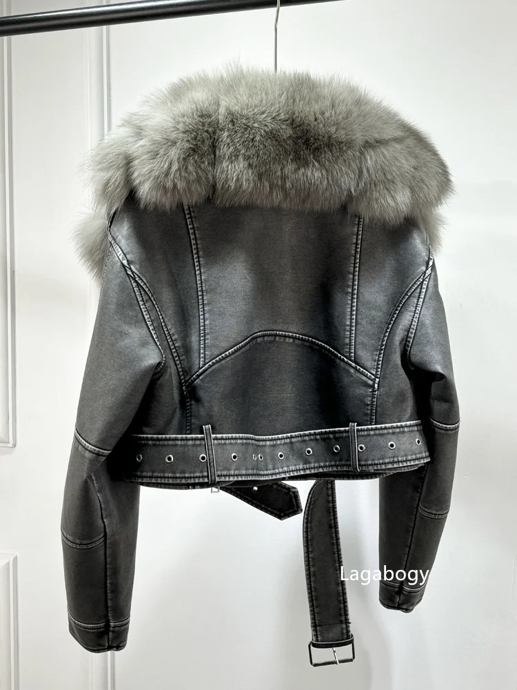 Lagabogy 2024 Big Real Fox Fur Women Vintage Pu Faux Leather Short Jacket With Belt Streetwear Female Zipper Retro Coat Outwear