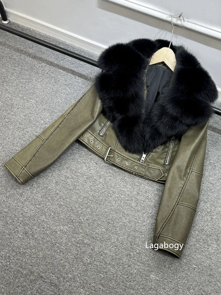 Lagabogy 2024 Big Real Fox Fur Women Vintage Pu Faux Leather Short Jacket With Belt Streetwear Female Zipper Retro Coat Outwear