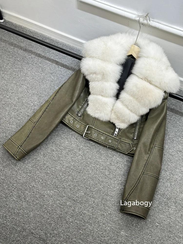 Lagabogy 2024 Big Real Fox Fur Women Vintage Pu Faux Leather Short Jacket With Belt Streetwear Female Zipper Retro Coat Outwear