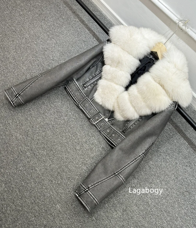 Lagabogy 2024 Big Real Fox Fur Women Vintage Pu Faux Leather Short Jacket With Belt Streetwear Female Zipper Retro Coat Outwear