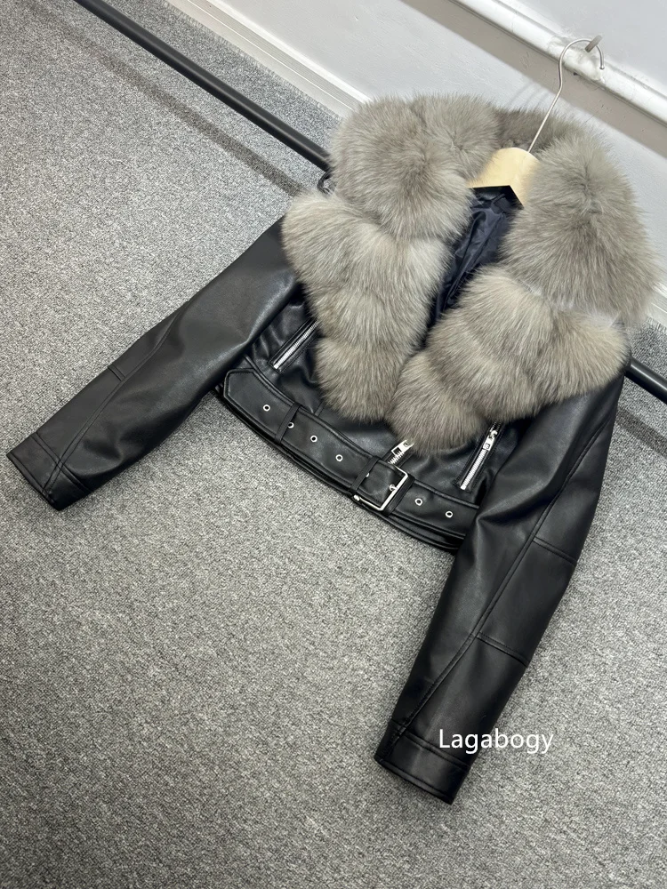 Lagabogy 2024 Big Real Fox Fur Women Vintage Pu Faux Leather Short Jacket With Belt Streetwear Female Zipper Retro Coat Outwear