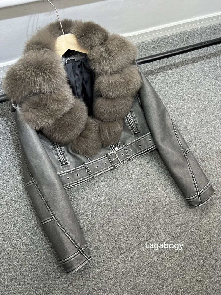 Lagabogy 2024 Big Real Fox Fur Women Vintage Pu Faux Leather Short Jacket With Belt Streetwear Female Zipper Retro Coat Outwear