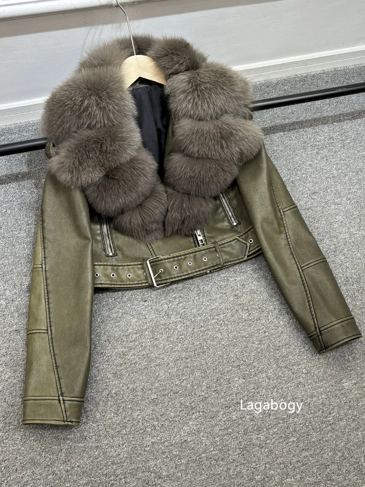 Lagabogy 2024 Big Real Fox Fur Women Vintage Pu Faux Leather Short Jacket With Belt Streetwear Female Zipper Retro Coat Outwear