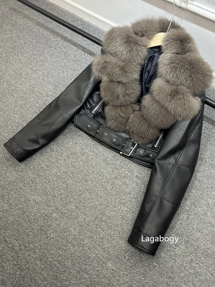 Lagabogy 2024 Big Real Fox Fur Women Vintage Pu Faux Leather Short Jacket With Belt Streetwear Female Zipper Retro Coat Outwear