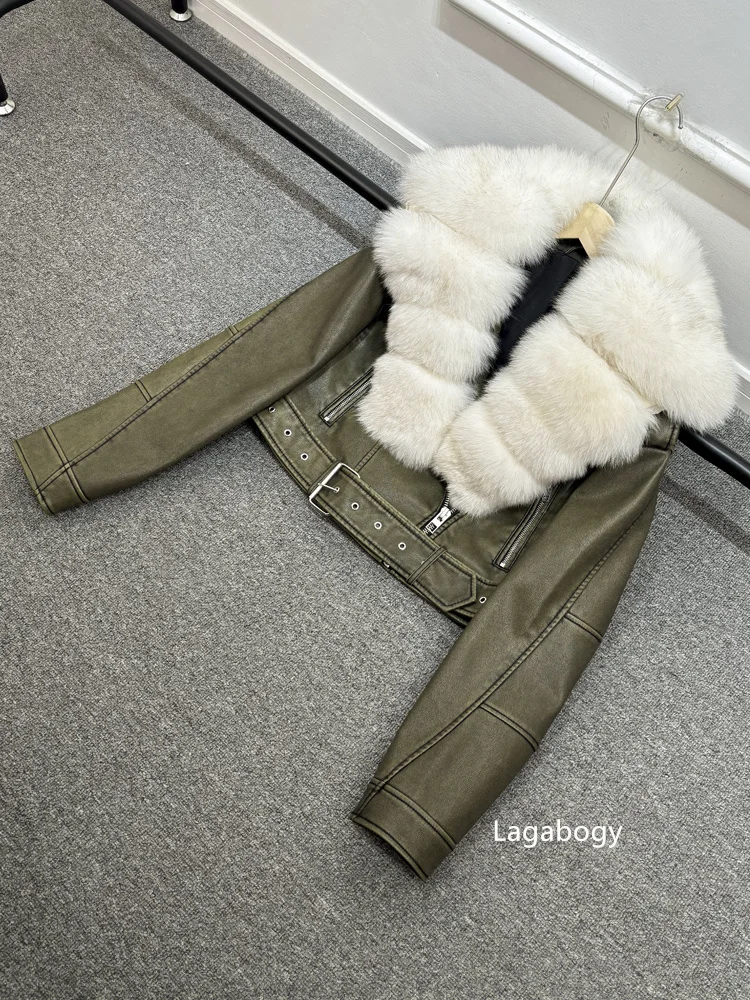 Lagabogy 2024 Big Real Fox Fur Women Vintage Pu Faux Leather Short Jacket With Belt Streetwear Female Zipper Retro Coat Outwear