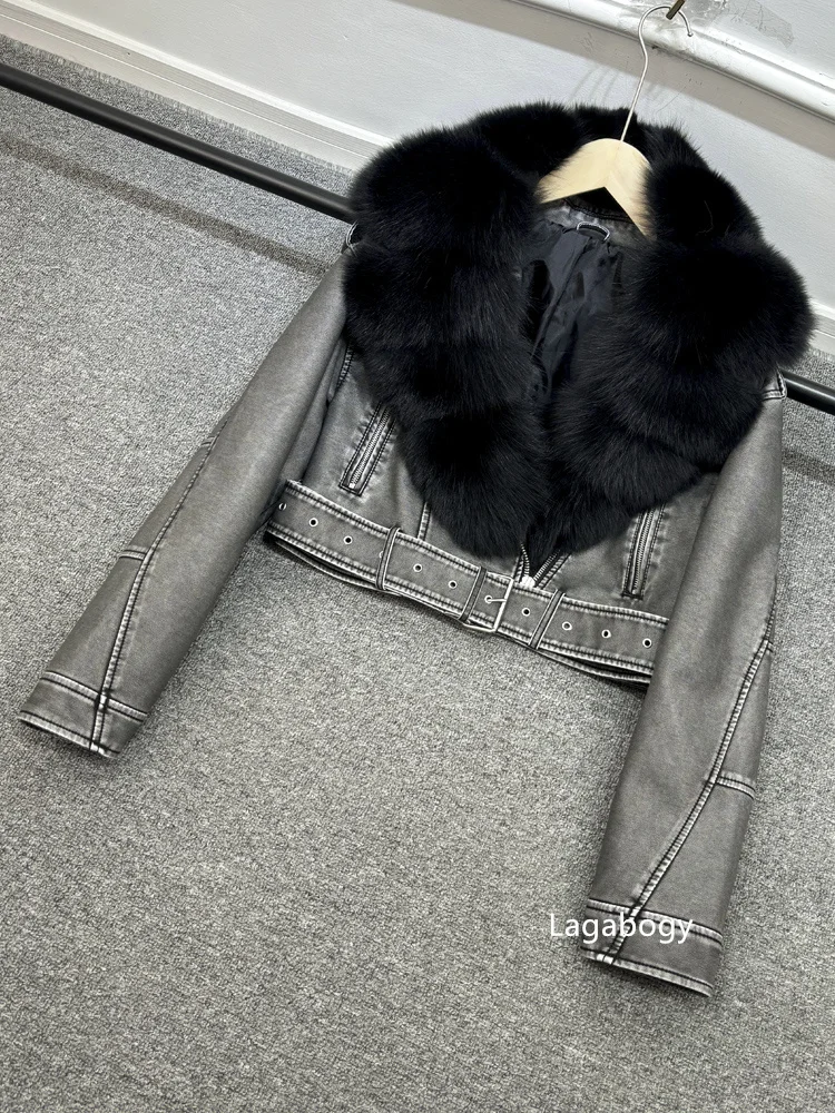 Lagabogy 2024 Big Real Fox Fur Women Vintage Pu Faux Leather Short Jacket With Belt Streetwear Female Zipper Retro Coat Outwear