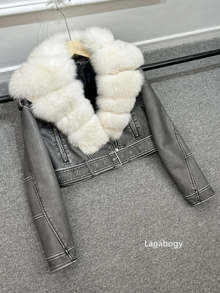 Lagabogy 2024 Big Real Fox Fur Women Vintage Pu Faux Leather Short Jacket With Belt Streetwear Female Zipper Retro Coat Outwear