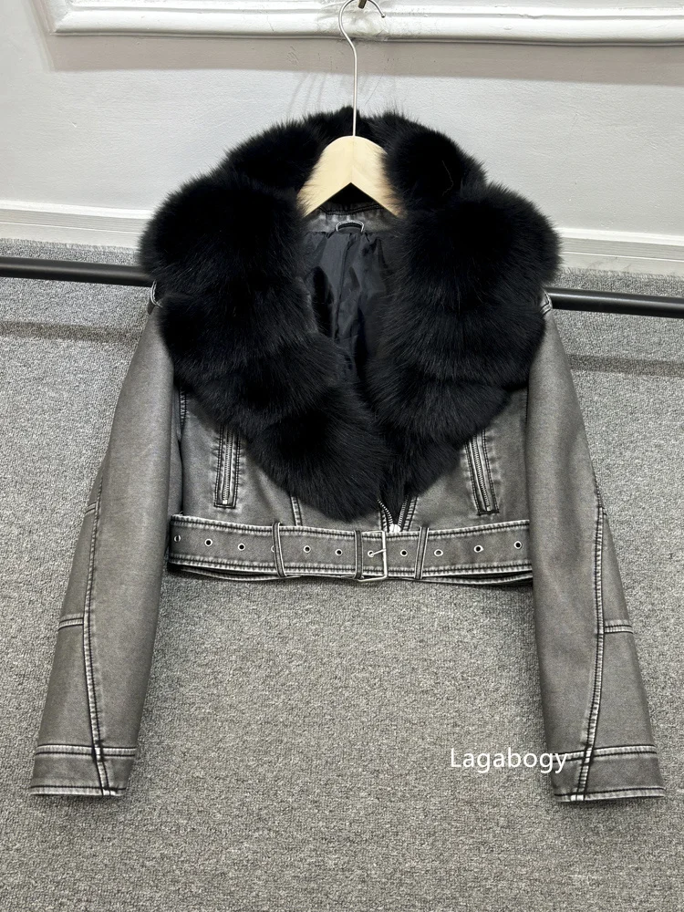 Lagabogy 2024 Big Real Fox Fur Women Vintage Pu Faux Leather Short Jacket With Belt Streetwear Female Zipper Retro Coat Outwear