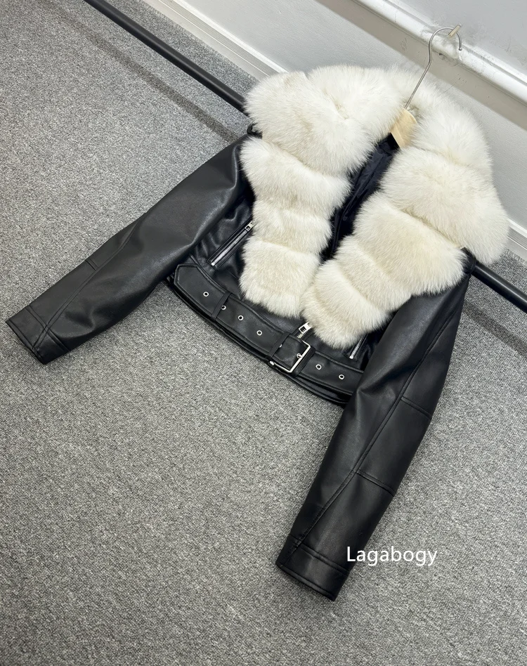 Lagabogy 2024 Big Real Fox Fur Women Vintage Pu Faux Leather Short Jacket With Belt Streetwear Female Zipper Retro Coat Outwear