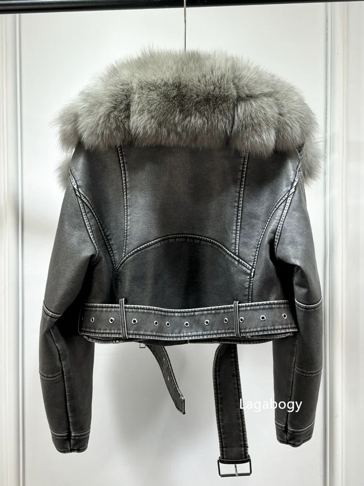 Lagabogy 2024 Big Real Fox Fur Women Vintage Pu Faux Leather Short Jacket With Belt Streetwear Female Zipper Retro Coat Outwear