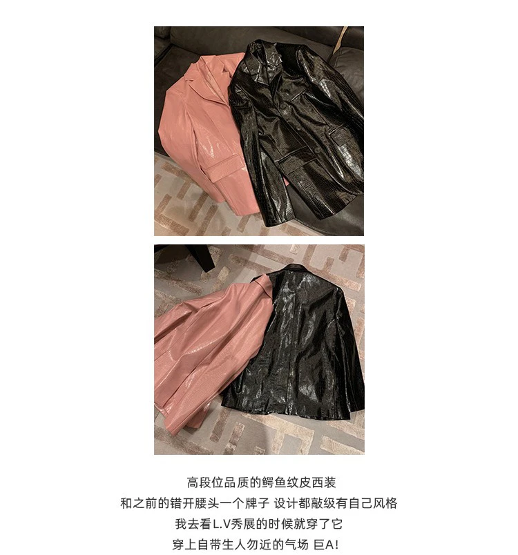 Lautaro-Women's Crocodile Print PU Leather Blazers, Single Breasted Jacket, Shiny Reflective, Black, Pink, Spring, Fashion