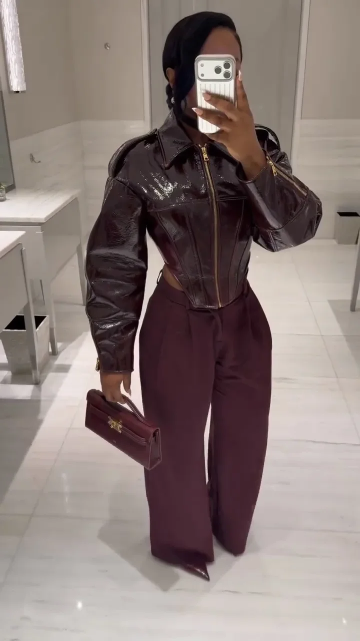 Fashion Coated Cinched-waist Leather Jacket Women Retro Lapel Full Sleeve Zipper Fishbone Coats Lady Autumn Highstreet Coat 2026