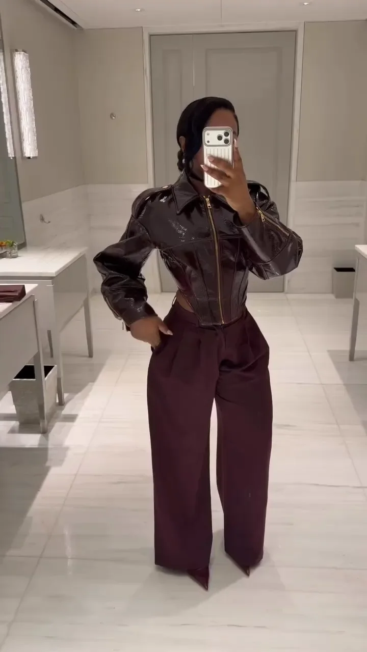 Fashion Coated Cinched-waist Leather Jacket Women Retro Lapel Full Sleeve Zipper Fishbone Coats Lady Autumn Highstreet Coat 2026