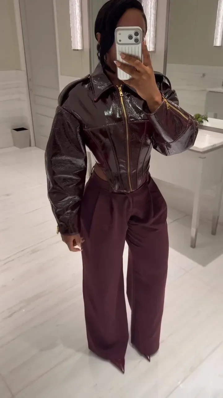 Fashion Coated Cinched-waist Leather Jacket Women Retro Lapel Full Sleeve Zipper Fishbone Coats Lady Autumn Highstreet Coat 2026