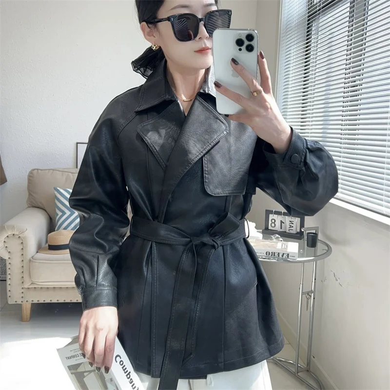 2025 New Western-style Lace Up Women's Leather Jacket With Spring And Autumn Waist Cinching Temperament Loose Windbreaker Jacket