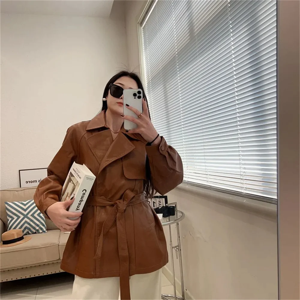 2025 New Western-style Lace Up Women's Leather Jacket With Spring And Autumn Waist Cinching Temperament Loose Windbreaker Jacket