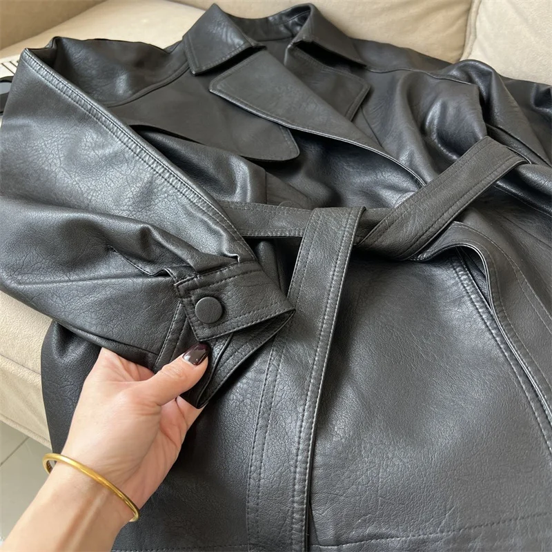 2025 New Western-style Lace Up Women's Leather Jacket With Spring And Autumn Waist Cinching Temperament Loose Windbreaker Jacket