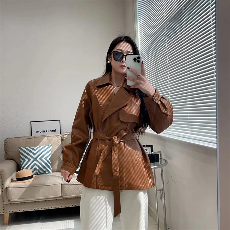 2025 New Western-style Lace Up Women's Leather Jacket With Spring And Autumn Waist Cinching Temperament Loose Windbreaker Jacket