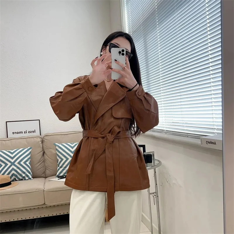 2025 New Western-style Lace Up Women's Leather Jacket With Spring And Autumn Waist Cinching Temperament Loose Windbreaker Jacket
