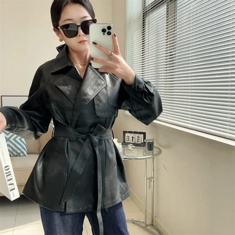 2025 New Western-style Lace Up Women's Leather Jacket With Spring And Autumn Waist Cinching Temperament Loose Windbreaker Jacket
