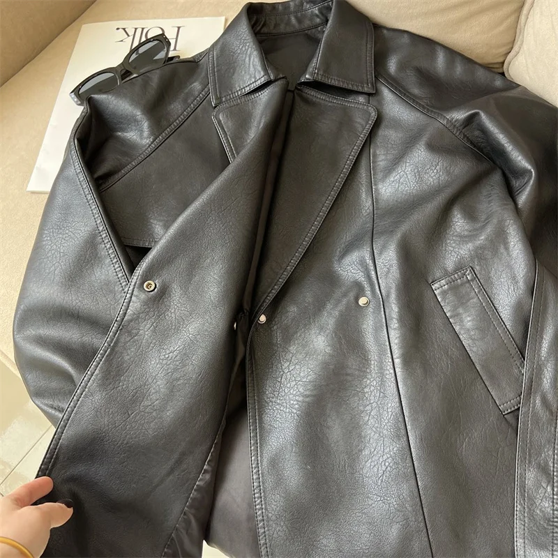 2025 New Western-style Lace Up Women's Leather Jacket With Spring And Autumn Waist Cinching Temperament Loose Windbreaker Jacket
