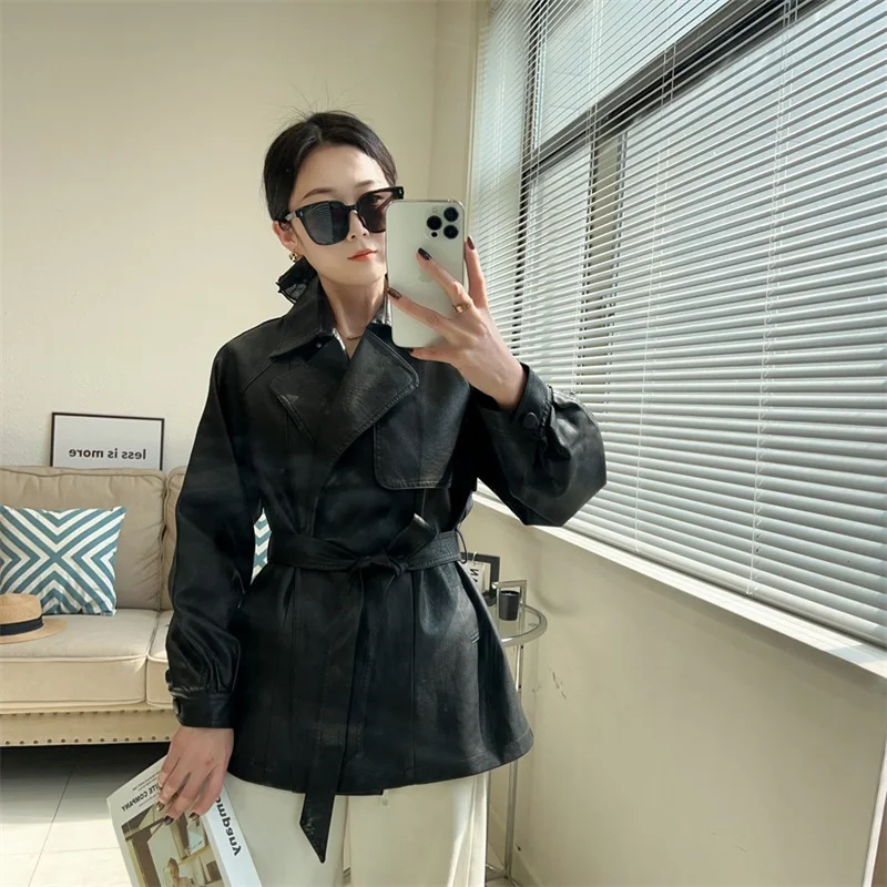 2025 New Western-style Lace Up Women's Leather Jacket With Spring And Autumn Waist Cinching Temperament Loose Windbreaker Jacket