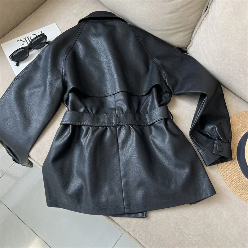 2025 New Western-style Lace Up Women's Leather Jacket With Spring And Autumn Waist Cinching Temperament Loose Windbreaker Jacket