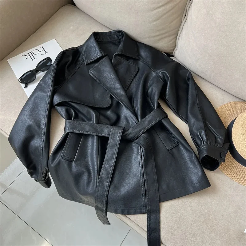 2025 New Western-style Lace Up Women's Leather Jacket With Spring And Autumn Waist Cinching Temperament Loose Windbreaker Jacket