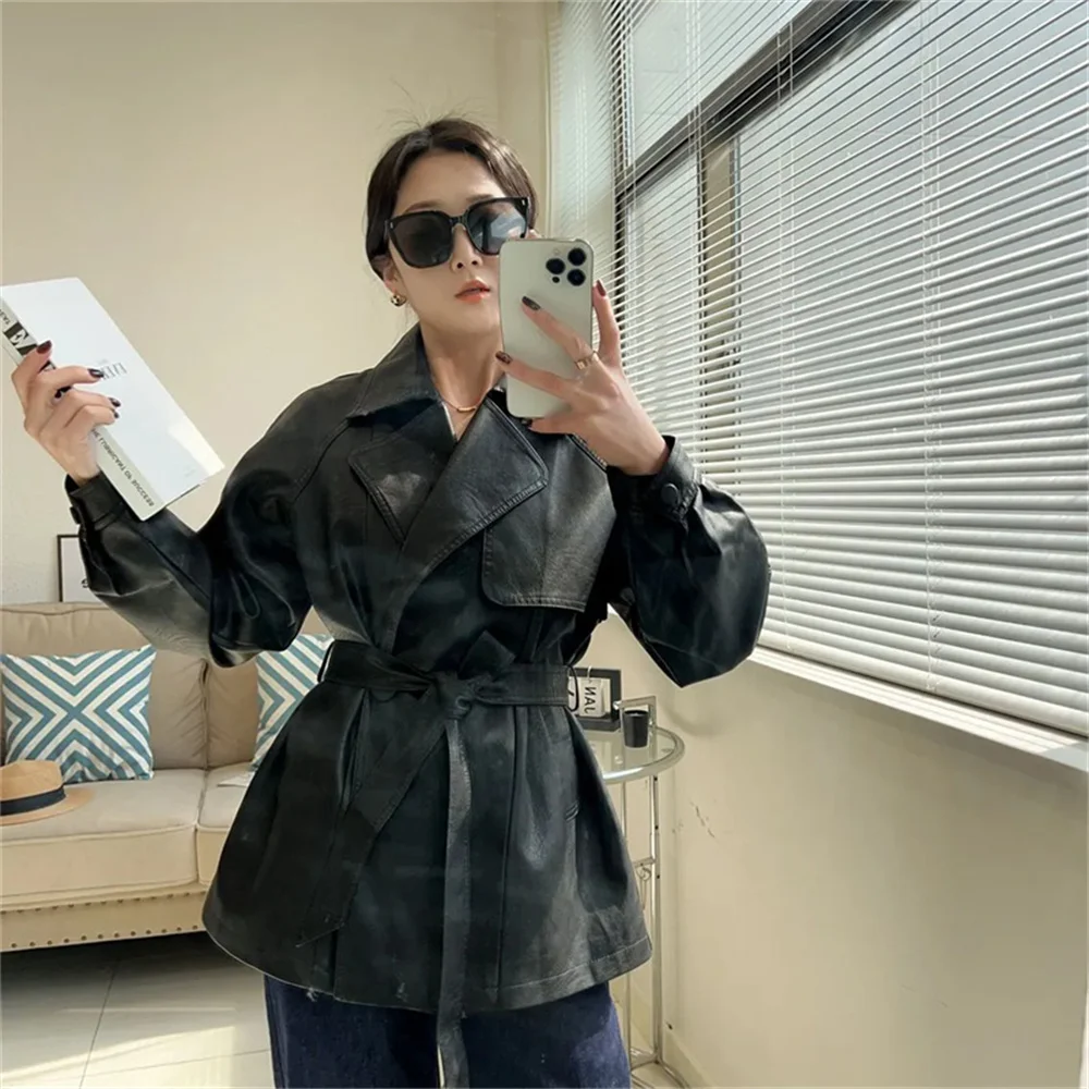 2025 New Western-style Lace Up Women's Leather Jacket With Spring And Autumn Waist Cinching Temperament Loose Windbreaker Jacket
