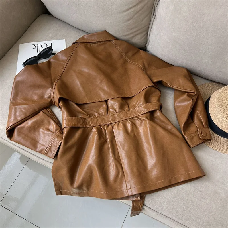 2025 New Western-style Lace Up Women's Leather Jacket With Spring And Autumn Waist Cinching Temperament Loose Windbreaker Jacket