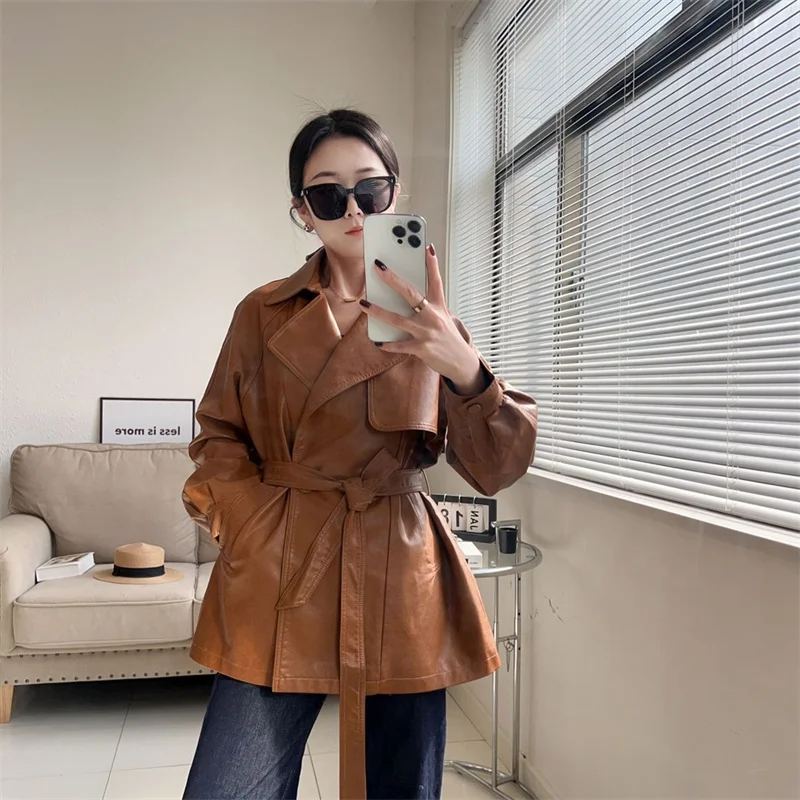 2025 New Western-style Lace Up Women's Leather Jacket With Spring And Autumn Waist Cinching Temperament Loose Windbreaker Jacket