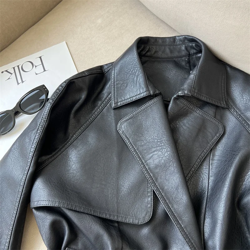 2025 New Western-style Lace Up Women's Leather Jacket With Spring And Autumn Waist Cinching Temperament Loose Windbreaker Jacket