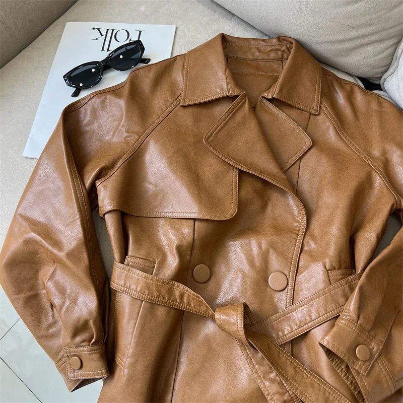 2025 New Western-style Lace Up Women's Leather Jacket With Spring And Autumn Waist Cinching Temperament Loose Windbreaker Jacket