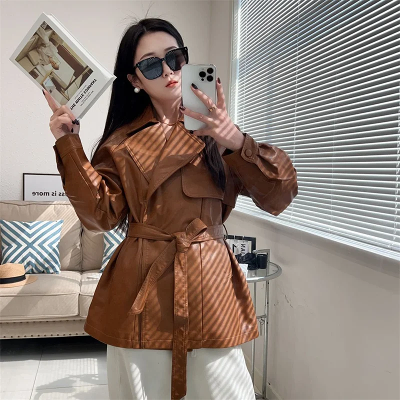 2025 New Western-style Lace Up Women's Leather Jacket With Spring And Autumn Waist Cinching Temperament Loose Windbreaker Jacket