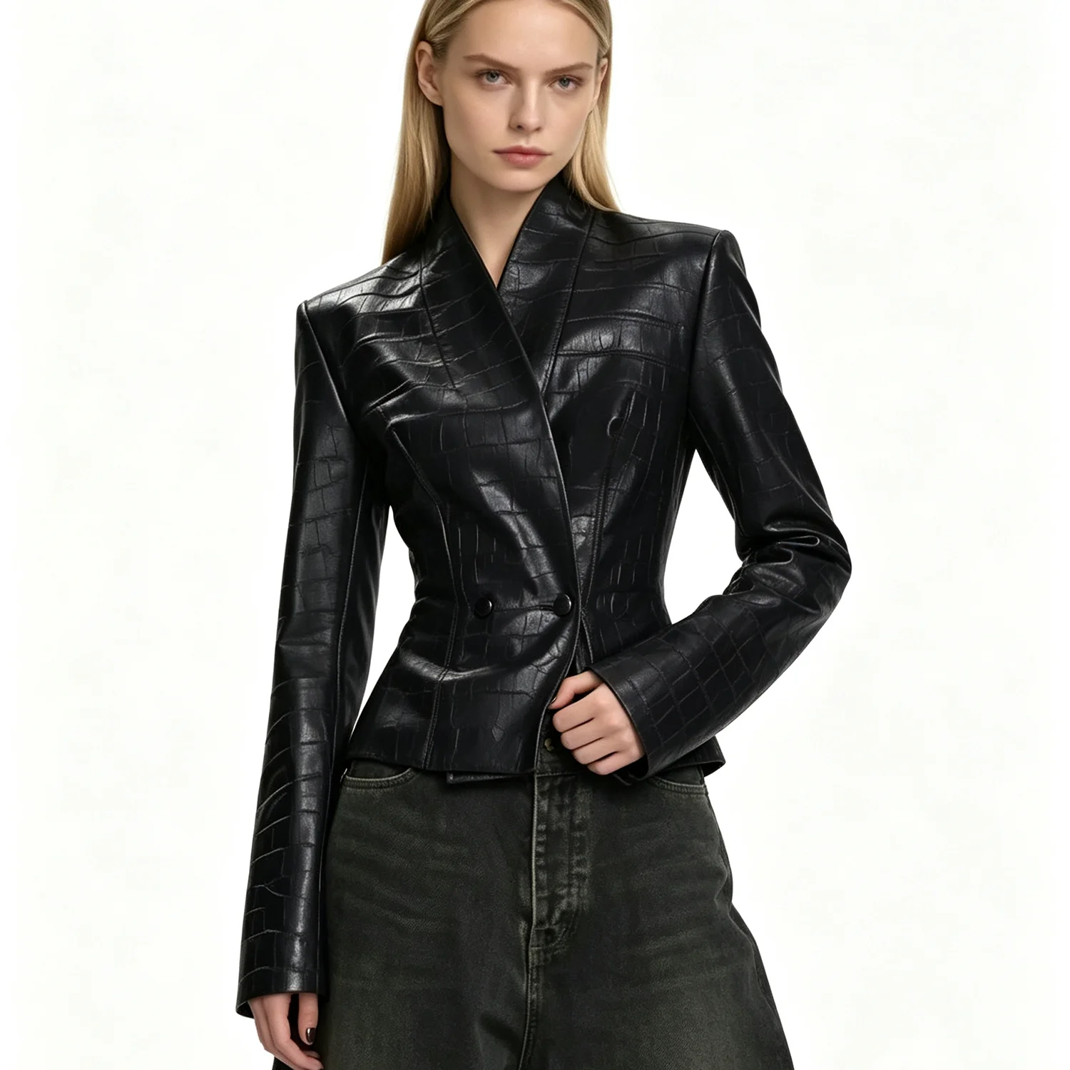 Women 2026 Croc Embossed Faux Leather Jacket V‑Neck Double‑Breasted Slim Fit Long Sleeve Chic Short Outerwear Coat