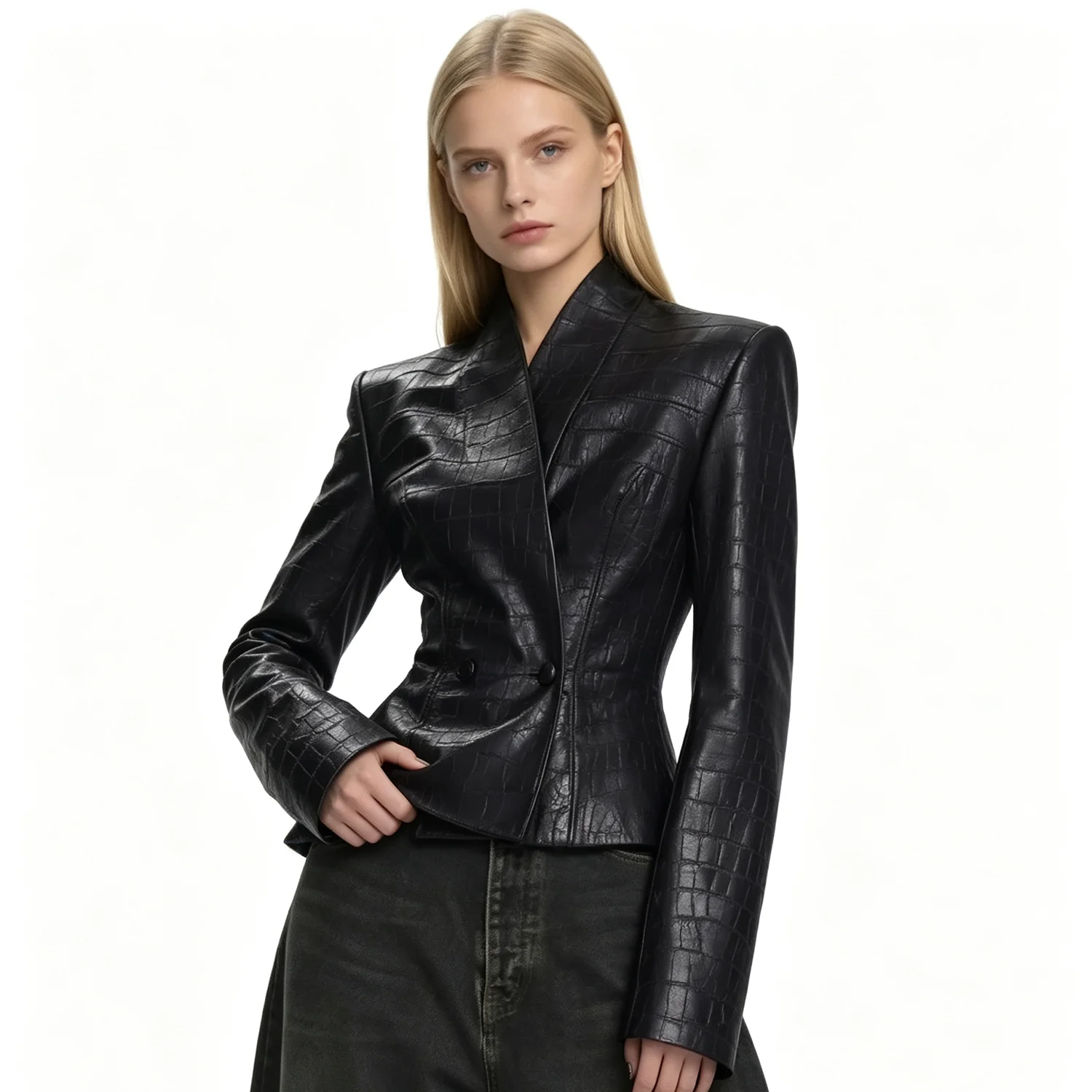 Women 2026 Croc Embossed Faux Leather Jacket V‑Neck Double‑Breasted Slim Fit Long Sleeve Chic Short Outerwear Coat