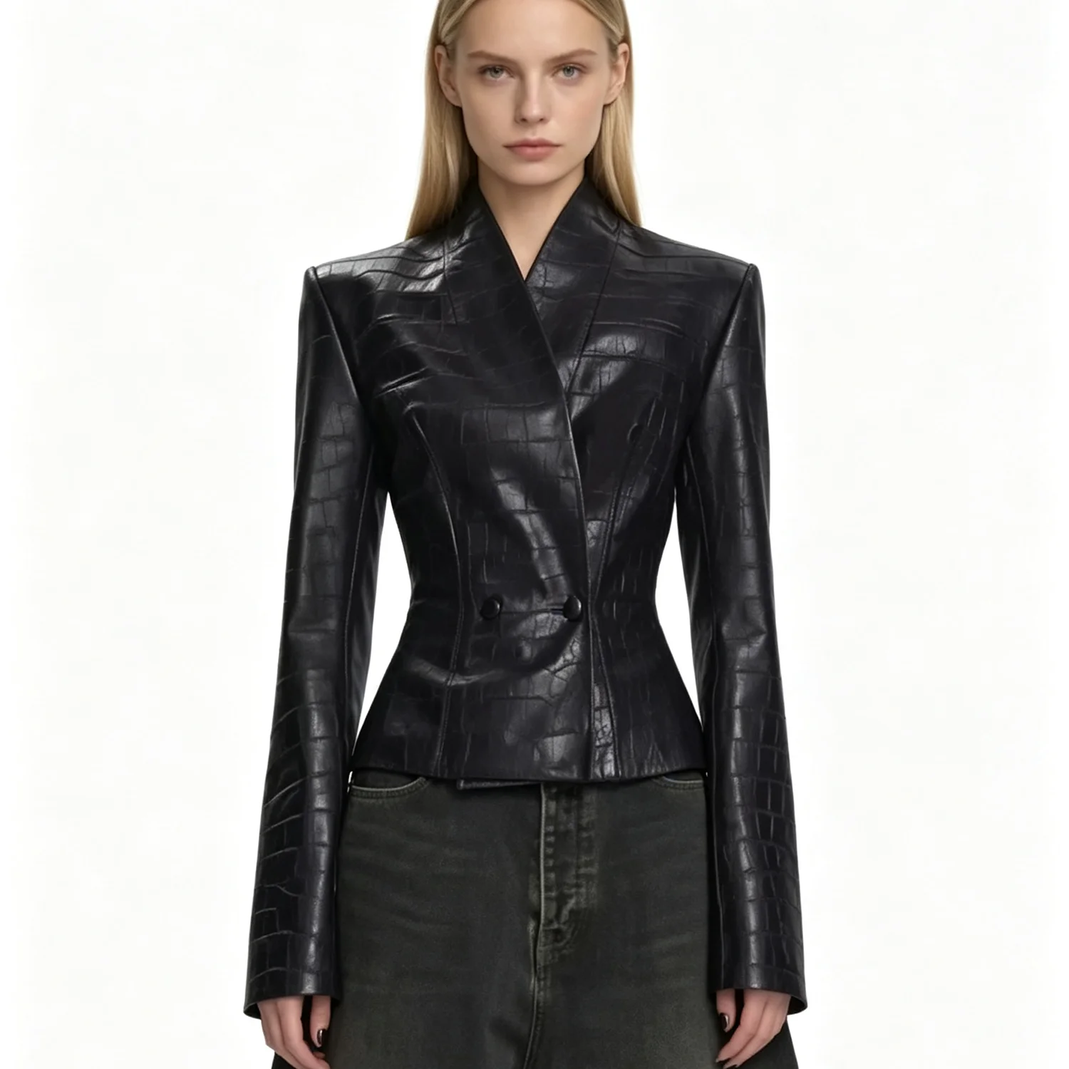 Women 2026 Croc Embossed Faux Leather Jacket V‑Neck Double‑Breasted Slim Fit Long Sleeve Chic Short Outerwear Coat