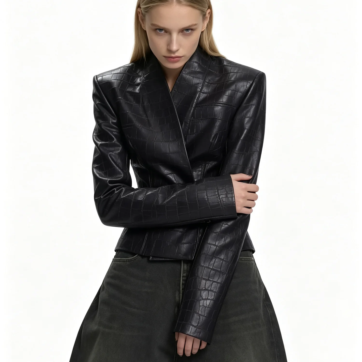 Women 2026 Croc Embossed Faux Leather Jacket V‑Neck Double‑Breasted Slim Fit Long Sleeve Chic Short Outerwear Coat