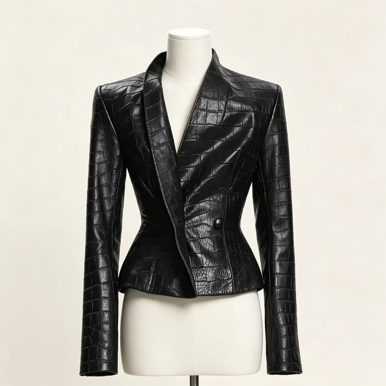 Women 2026 Croc Embossed Faux Leather Jacket V‑Neck Double‑Breasted Slim Fit Long Sleeve Chic Short Outerwear Coat
