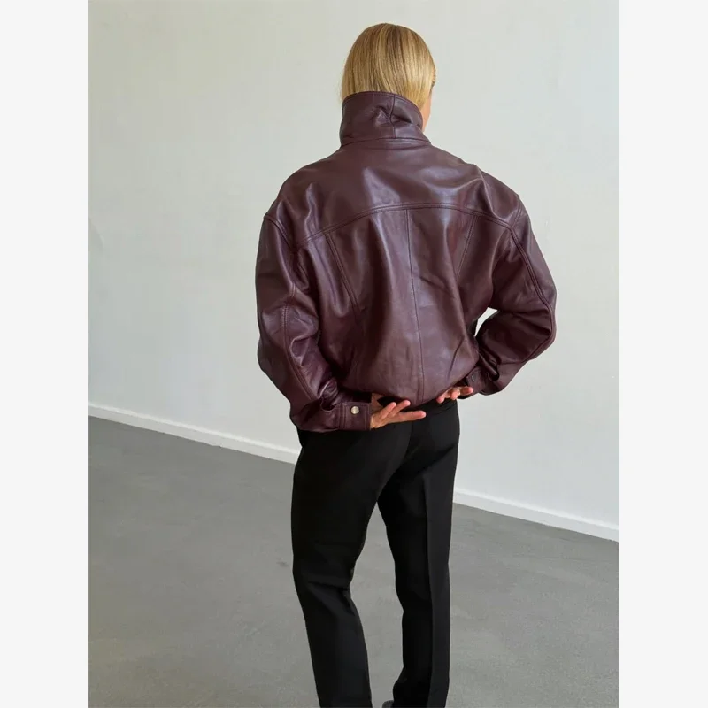 Burgundy Cropped Faux Leather Jacket Cool Long Sleeve Double Breasted Coat 2026 Autumn New Street Y2k Daily Commute Outerwear