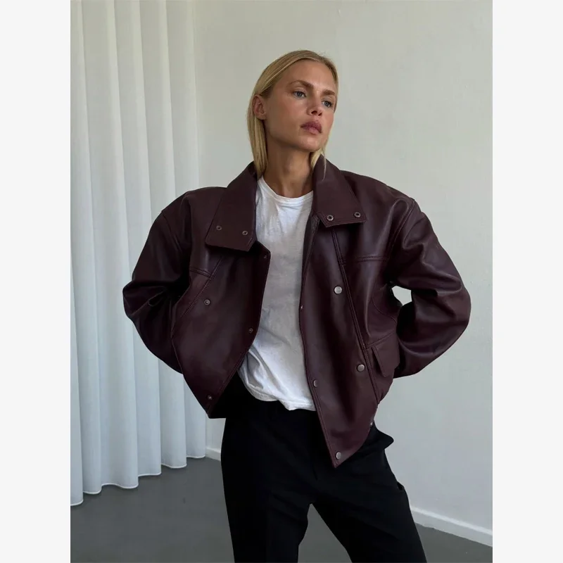 Burgundy Cropped Faux Leather Jacket Cool Long Sleeve Double Breasted Coat 2026 Autumn New Street Y2k Daily Commute Outerwear