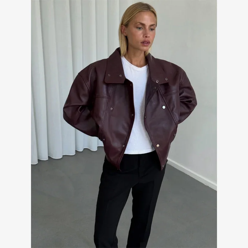 Burgundy Cropped Faux Leather Jacket Cool Long Sleeve Double Breasted Coat 2026 Autumn New Street Y2k Daily Commute Outerwear