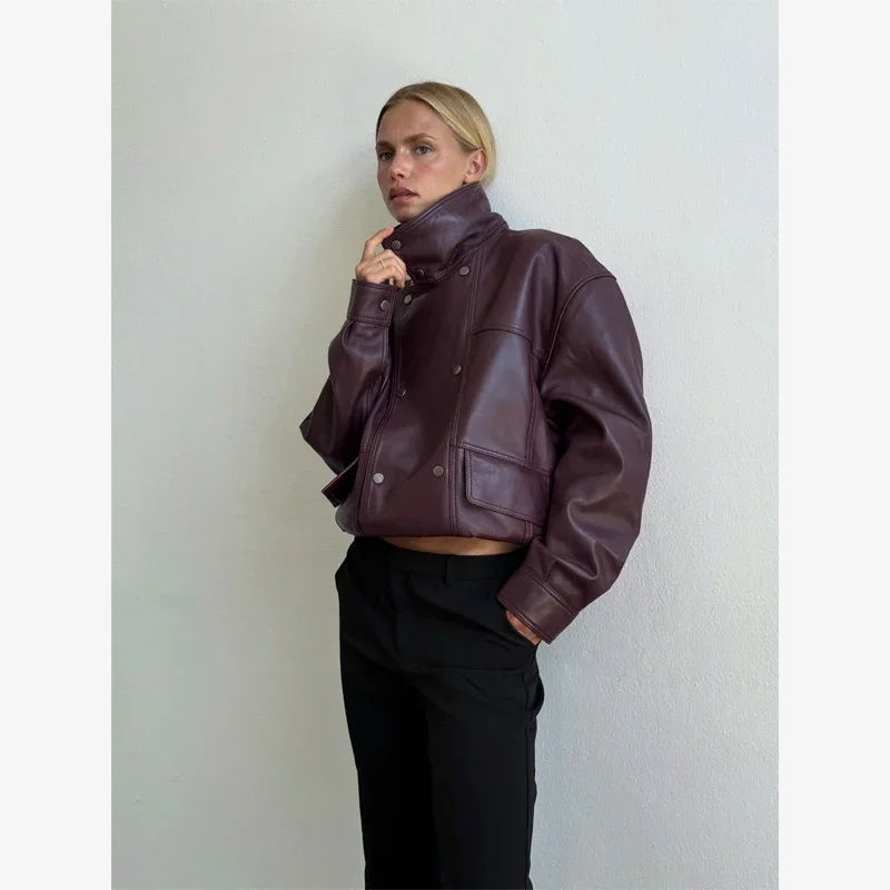 Burgundy Cropped Faux Leather Jacket Cool Long Sleeve Double Breasted Coat 2026 Autumn New Street Y2k Daily Commute Outerwear
