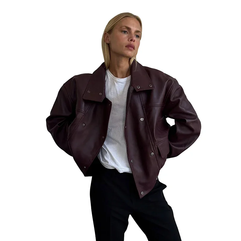 Burgundy Cropped Faux Leather Jacket Cool Long Sleeve Double Breasted Coat 2026 Autumn New Street Y2k Daily Commute Outerwear